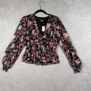 NWT Express Blouse Peplum Women's Small Black Floral Long Sleeve Sheer Top